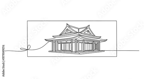 Minimalist single line drawing of a traditional Japanese temple building with a ribbon.