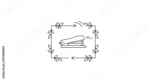 Minimalist Stapler Icon with Leafy Border and Arrows
