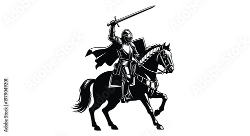 A knight in full armor rides a horse with a sword raised high in victory.