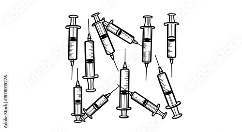A collection of medical syringes a black and white illustration of injection tools