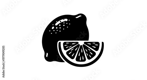Black and white illustration of a lemon with a slice minimalist design for graphic applications