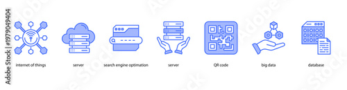 Smart Data Solutions web banner icon vector illustration featuring Internet of Things, Server, Search Engine Optimization, QR Code, Big Data, and Database.