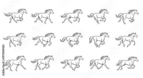 Multiple horses in various running positions.