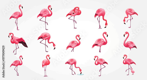 Flamingos in various poses standing.