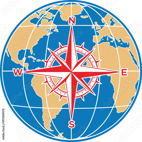 Iconic Compass Rose Overlaid on a Stylized World Map Globe Illustration.