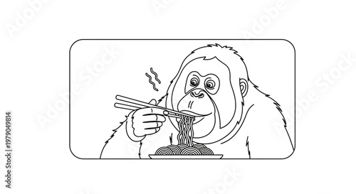 Orangutan Eating Noodles with Chopsticks - Line Art Illustration