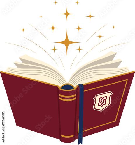 Open magic spell book with golden sparkles.