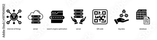 Smart Data Solutions web banner icon vector illustration featuring Internet of Things, Server, Search Engine Optimization, QR Code, Big Data, and Database.