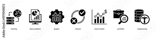 Business Intelligence web banner icon vector illustration featuring Hosting, Data Analytics, Graphs, Choices, Stock Market, Portfolio, and Engineering.