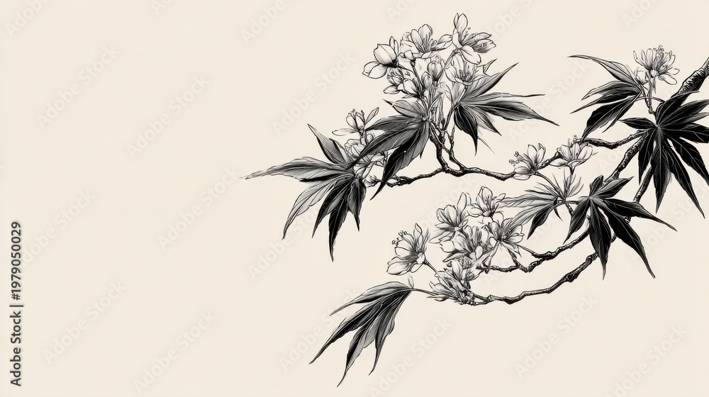 Fototapeta premium Elegant Black and White Floral Design with Delicate Cherry Blossoms