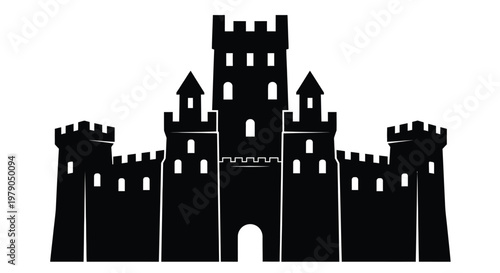 A silhouette of a medieval castle with towers and battlements against a white background.