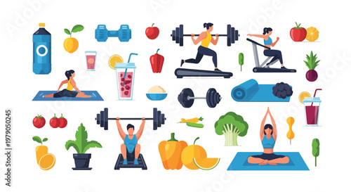 Flat vector illustration with people working out, food and beverages