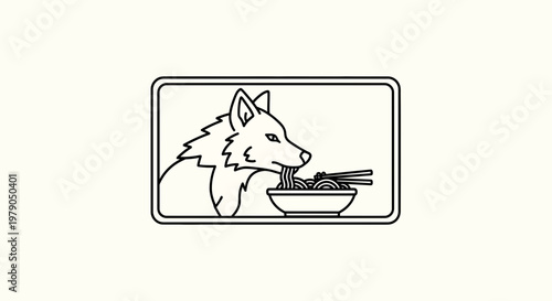 Minimalist Line Art: Fox Eating Noodles with Chopsticks in Bowl