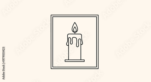 Minimalist line art icon of a burning candle with dripping wax inside a square frame