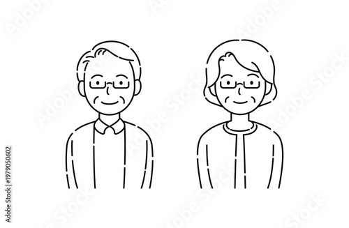 メガネをかけたシニア夫婦の笑顔 シンプル線イラスト