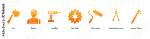 Precision Tools web banner icon vector illustration featuring Axe, Builder, Hand Drill, Saw Blade, Point Roller, Drawing Compass, and Vernier Caliper.