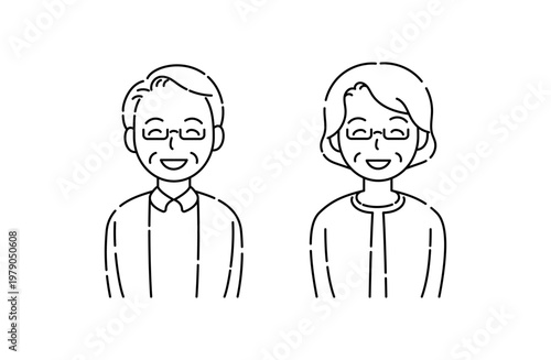 眼鏡をかけて目も笑うシニア夫婦の笑顔 シンプルイラスト 線画