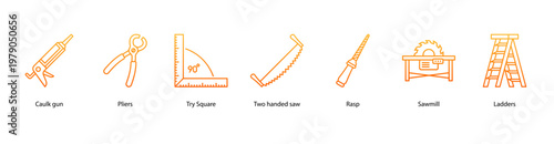 Carpentry Tools web banner icon vector illustration featuring Caulk Gun, Pliers, Try Square, Two Handed Saw, Rasp, Sawmill, and Ladders.