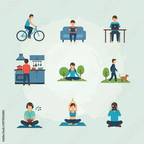 Flat vector illustrations depicting diverse daily activities and pastimes