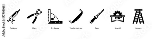 Carpentry Tools web banner icon vector illustration featuring Caulk Gun, Pliers, Try Square, Two Handed Saw, Rasp, Sawmill, and Ladders.