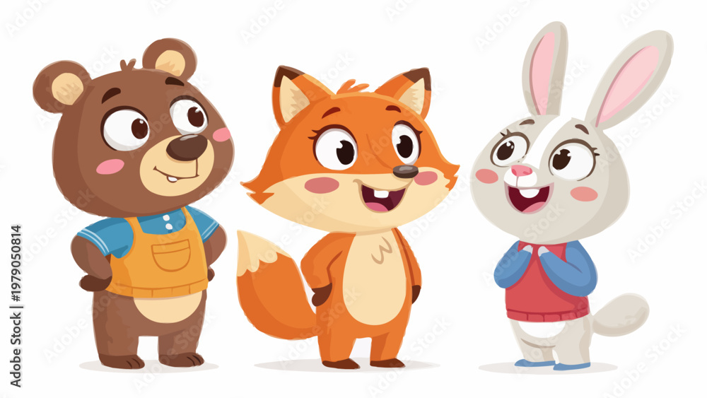 Fototapeta premium Cartoon animals bear fox and rabbit in colorful outfits standing together with happy expressions on white background