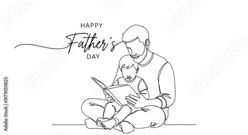 Minimalist line art illustration celebrating fatherhood with a father and child reading together on Father's Day