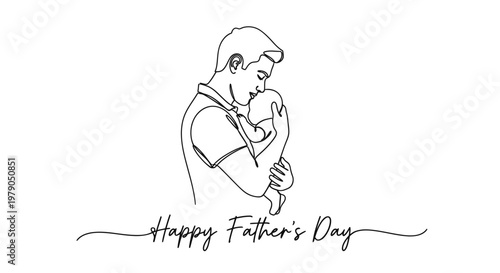 Minimalist line art celebrating Father?s Day with a thoughtful father cradling his child in a heartfelt embrace