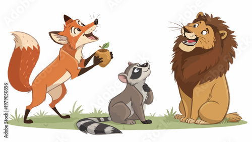 Cartoon animals with expressive poses and slight personality a fox raccoon and lion on green grass