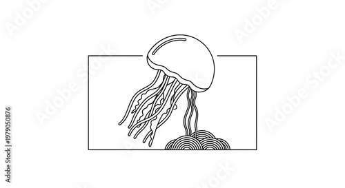 Minimalist Jellyfish Line Art Illustration in a Rectangle Frame