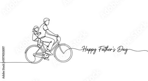 Minimalist line drawing celebrating fatherhood and bonding with child on bicycle for father's day