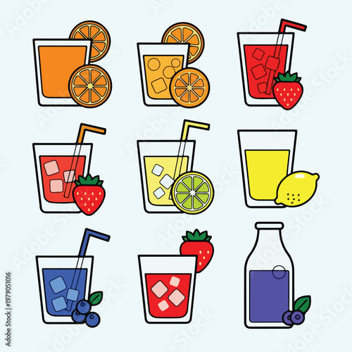 Colorful vector illustration of various fruit drinks in glasses and a bottle
