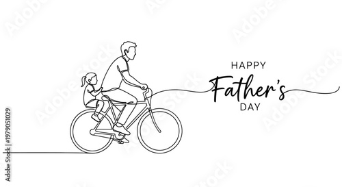 Minimalist Father's Day Illustration Featuring a Man and Child Cycling Together in a Simple Line Drawing Art Style