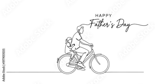Father and child riding bicycle together celebrating father's day with minimalistic line art