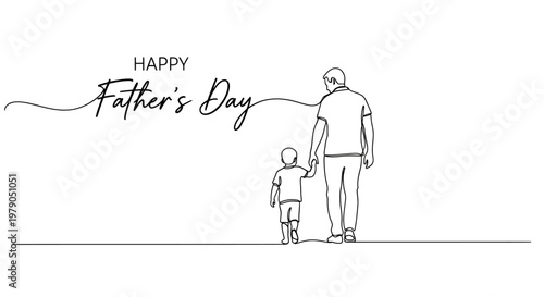 Father and son walking together celebrating a heartfelt and special father's day moment in simple black and white line art