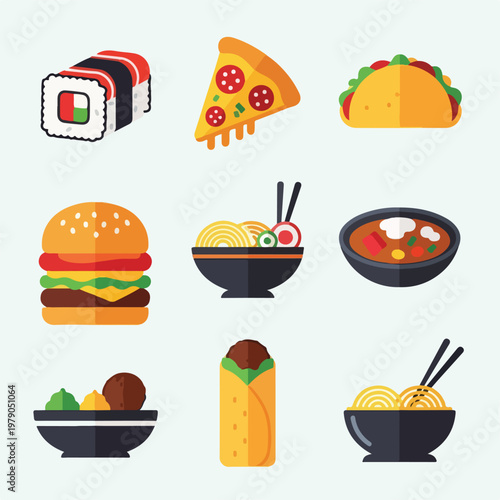 Flat vector illustrations of various foods on a neutral background