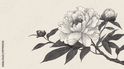 Elegant Black and White Peony Flower Illustration on Soft Background