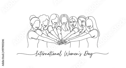 Celebrating unity and strength among women on International Women's Day with a diverse group of women joining hands in
