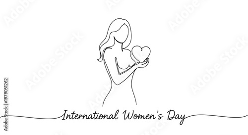 Elegant line art depiction of a woman holding a heart to celebrate International Women's Day and womanhood with simplicity and