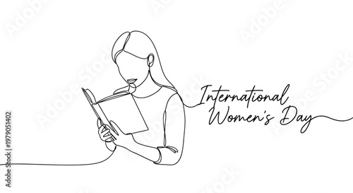 Minimalist Line Drawing Celebrating International Women's Day with a Woman Reading a Book