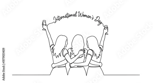 Celebration of International Women's Day Featuring Three Women Embracing and Holding Up a Banner