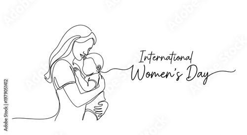 Elegant line art celebrating International Women's Day with a touching depiction of a woman holding a child representing