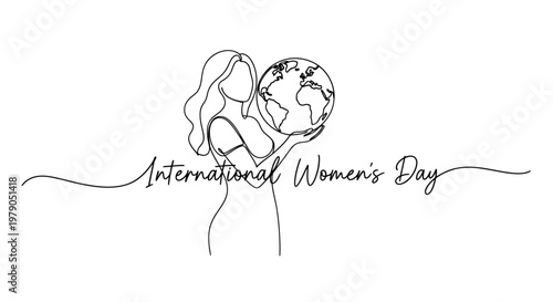 Elegant line art celebrating International Women's Day with a woman holding the Earth symbolizing global empowerment and unity