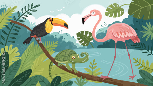 Exotic animals like toucan flamingo and chameleon in a vibrant jungle with lush greenery and water