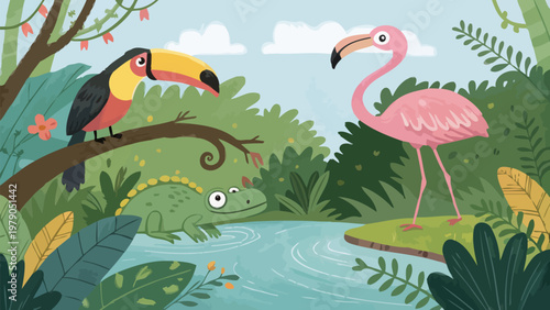 Exotic animals like toucan flamingo and chameleon in a lush jungle with vibrant greenery and a serene waterway under a sunny sky