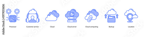 Enterprise Cloud web banner icon vector illustration featuring Processor, Customer Service, Cloud, Cloud Server, Cloud Computing, Backup, and Location.