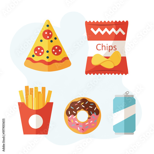 Colorful vector illustration of various junk food items
