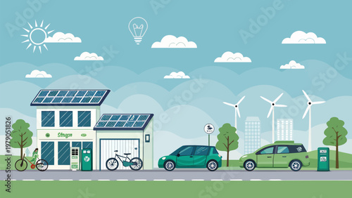 Eco friendly city street with solar powered building and electric vehicles