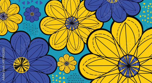 Floral design with yellow and blue flowers on a teal background