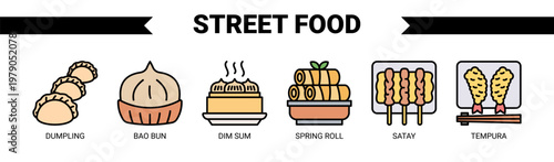 Street Food web banner icon vector illustration concept with icons of dumpling, bao bun, dim sum, spring roll, satay, and tempura. 