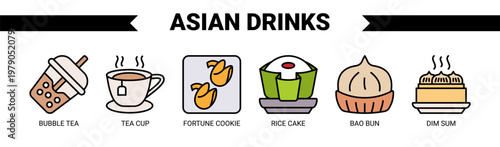 Asian Drinks web banner icon vector illustration concept with icons of bubble tea, tea cup, fortune cookie, rice cake, bao bun, and dim sum. 